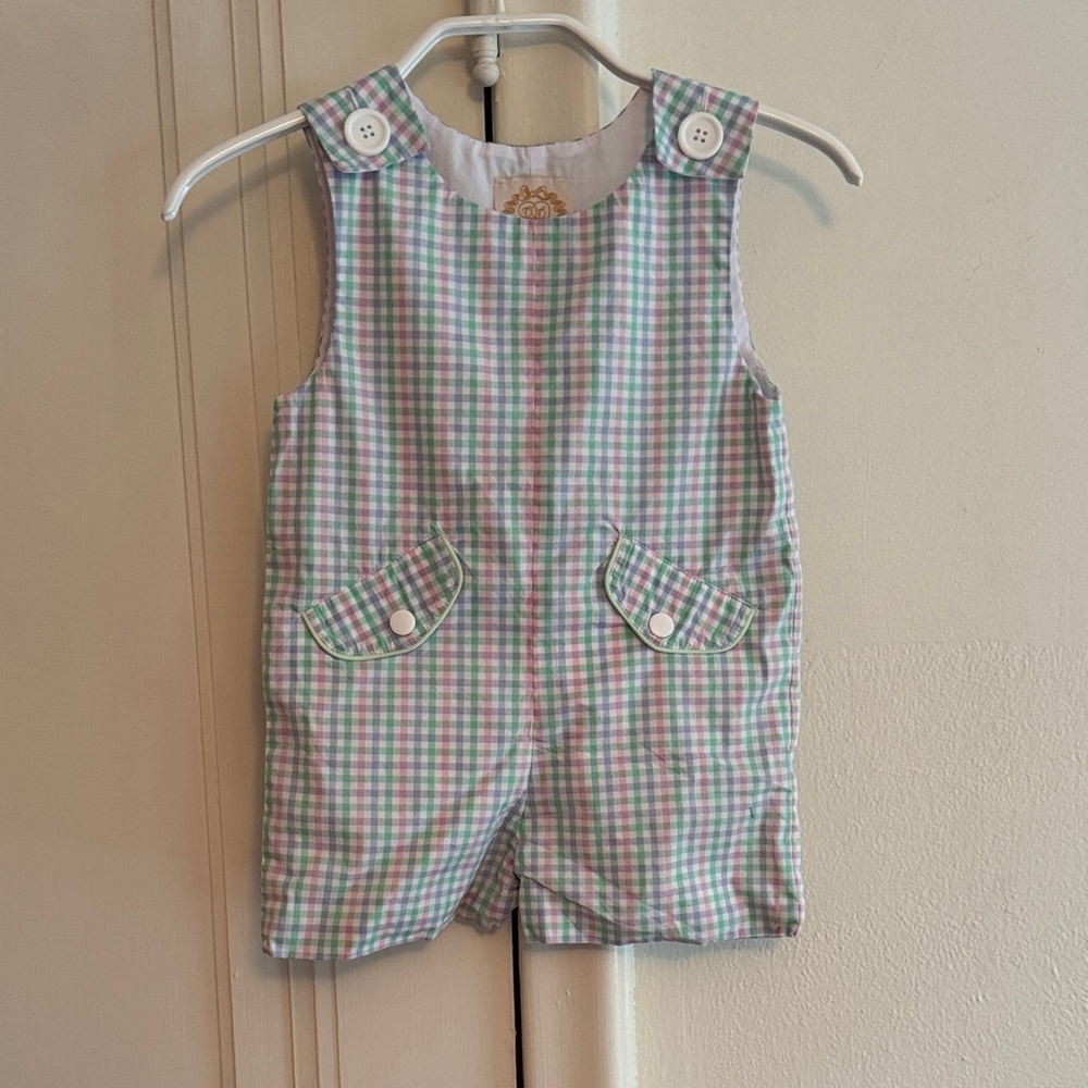 The Beaufort Bonnet Company Gingham Shortall in Pastel Green Pink & Blue